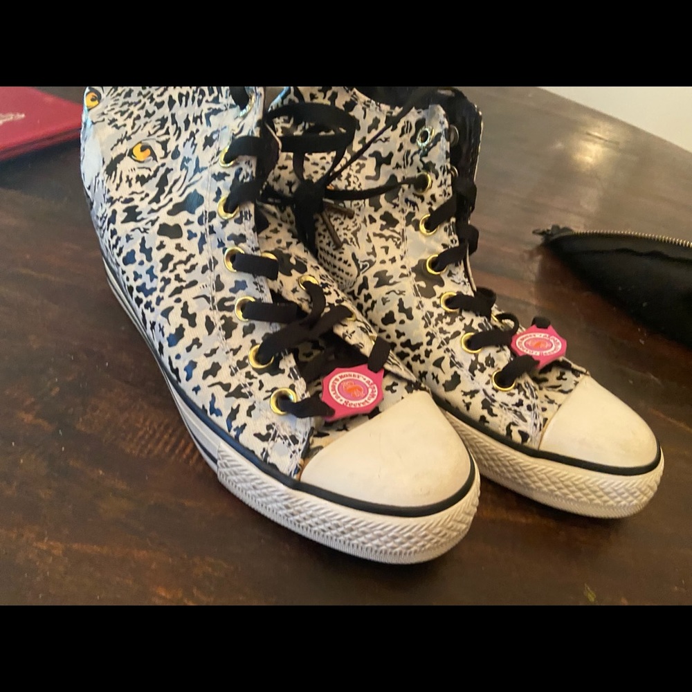 Daddys money snow leopard punk high top sneakers.